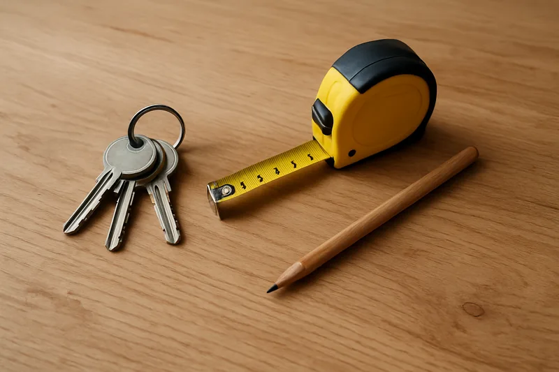 A ring of keys, a tape measure and a pencil on a bare timber desk — responsible lending and business credit, Townsville. Illustrative example.