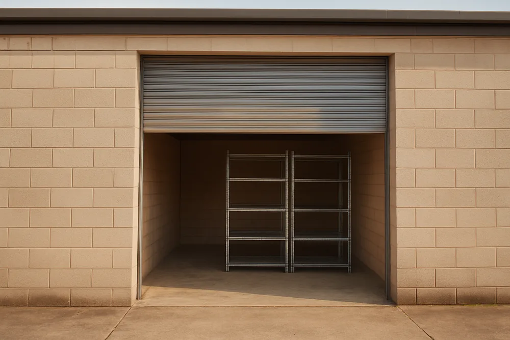 A small unit with its roller door half raised and metal shelving inside — business line of credit, Townsville. Illustrative example.