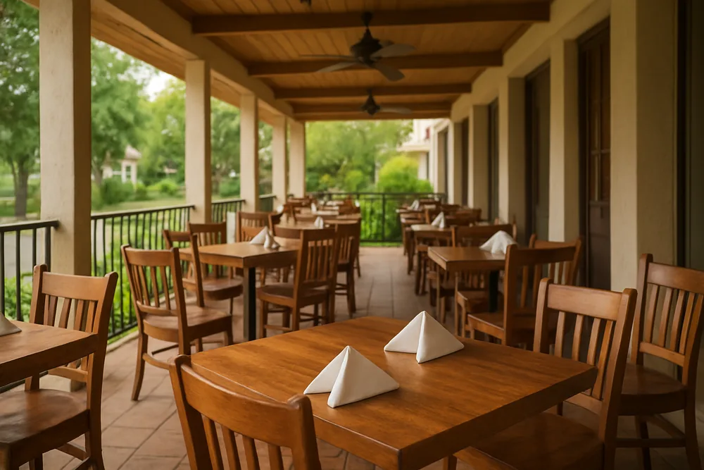 Timber tables and chairs set with folded napkins on a covered verandah — business line of credit, Townsville. Illustrative example.