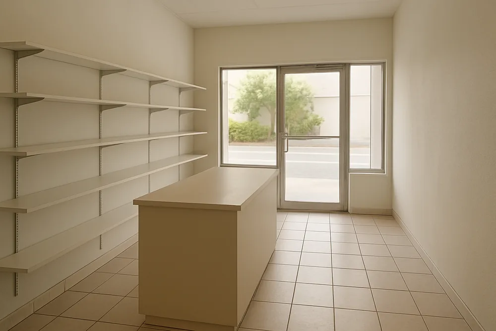 A small retail shop interior with wall shelving and a plain counter — business line of credit, Townsville. Illustrative example.