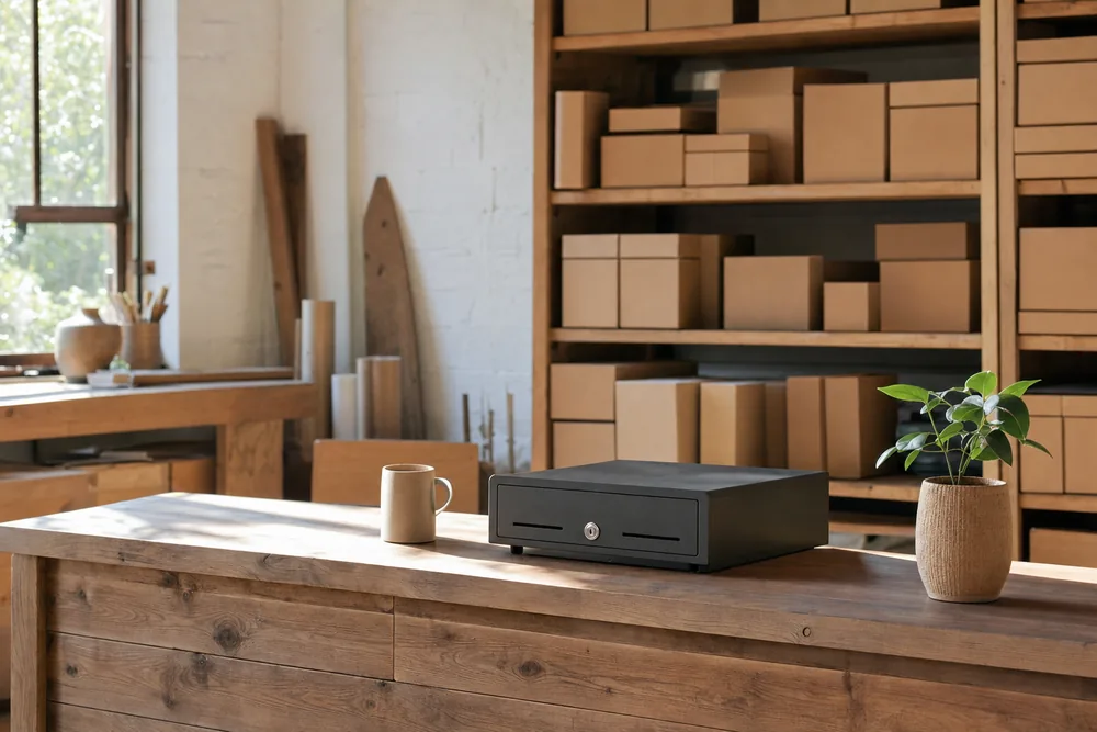 A plain timber shop counter with a closed cash drawer, a ceramic cup and a potted plant — business line of credit, Townsville. Illustrative example.