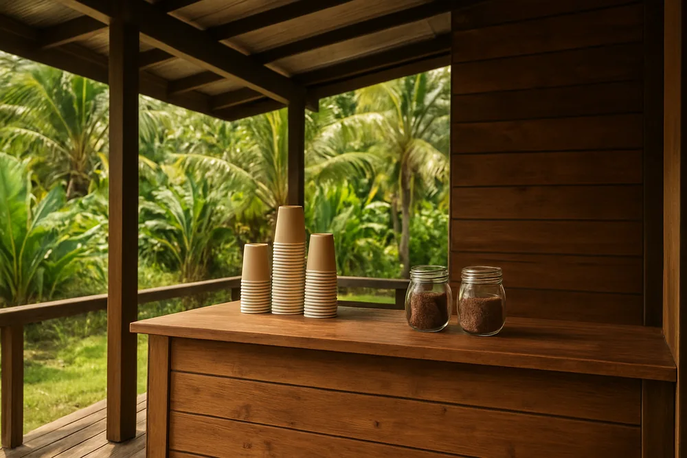 A timber kiosk counter under a shaded verandah with stacked cups and jars — business line of credit, Townsville. Illustrative example.