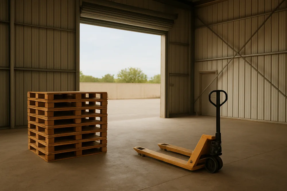 A warehouse bay with a raised roller door, wooden pallets and a pallet jack — business line of credit, Townsville. Illustrative example.