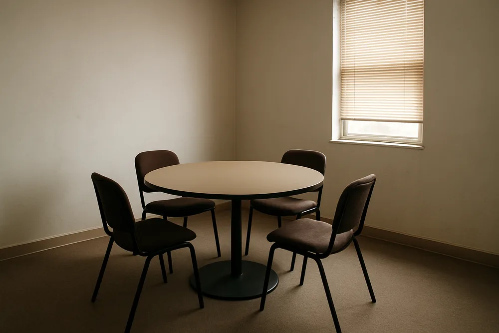 Four empty chairs around a plain round table — complaints and dispute resolution, Townsville. Illustrative example.