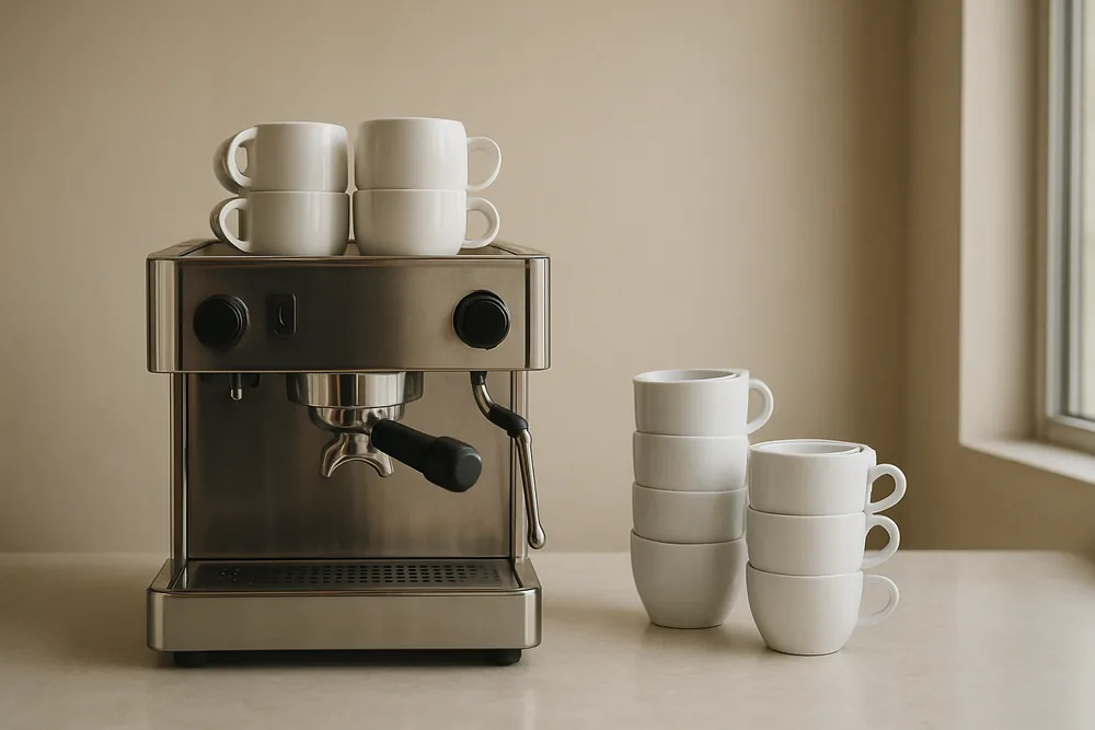 An espresso machine with stacked white cups on a cafe counter — how a business line of credit works, Townsville. Illustrative example.