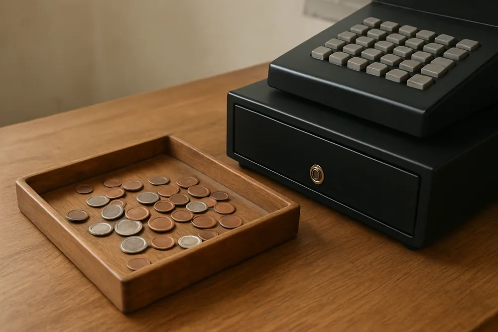 Loose coins in a wooden tray beside a closed cash drawer — line of credit or overdraft, Townsville. Illustrative example.