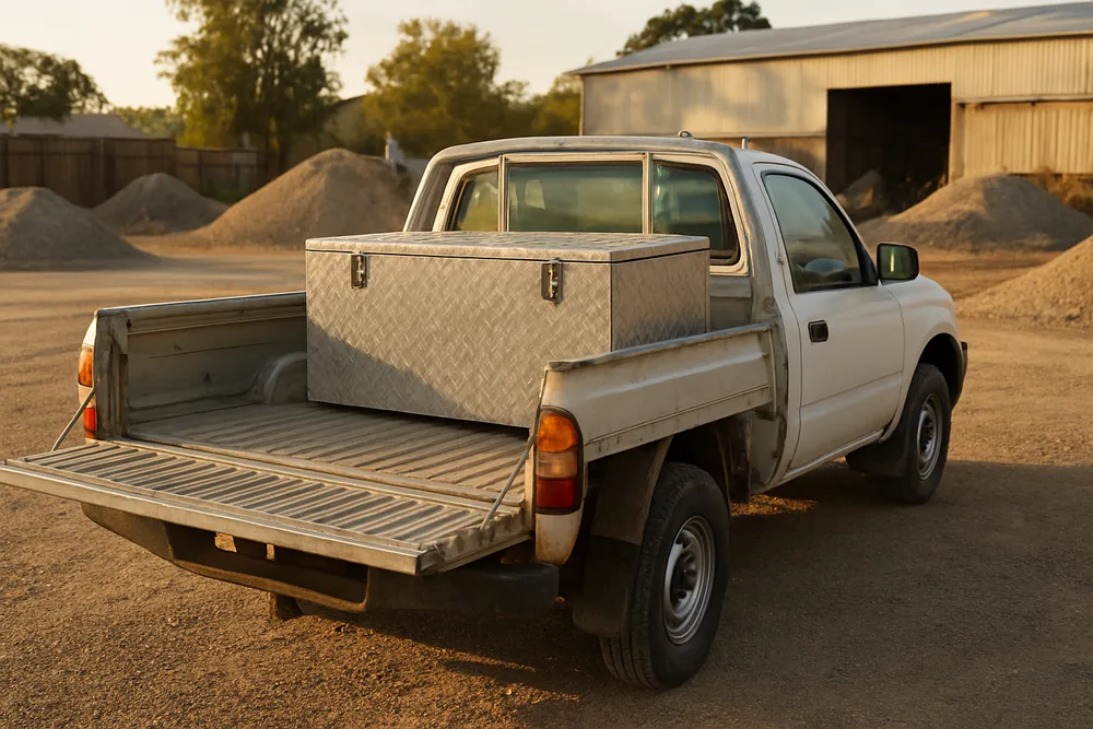 A work ute with its tailgate down and a steel toolbox in a gravel yard — responsible lending and business credit, Townsville. Illustrative example.