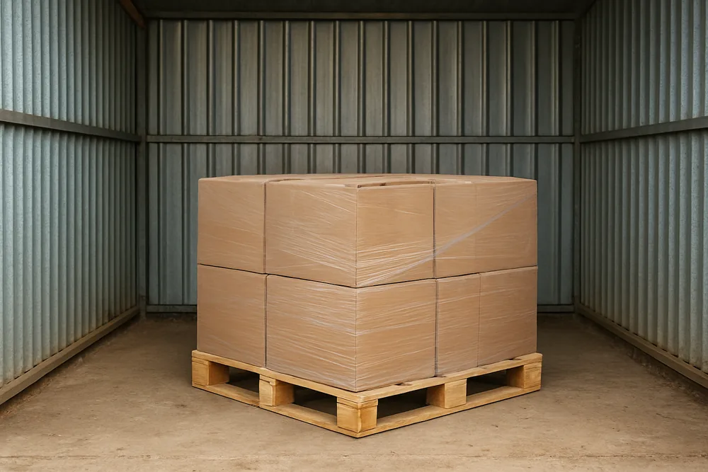 A pallet of wrapped boxes inside a storage shed — unfair contract terms in small business loans, Townsville. Illustrative example.