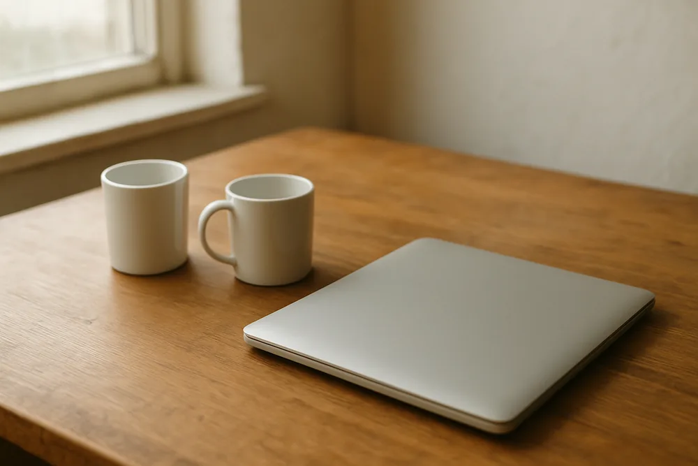 Two mugs and a closed laptop on a wooden table — unfair contract terms in small business loans, Townsville. Illustrative example.